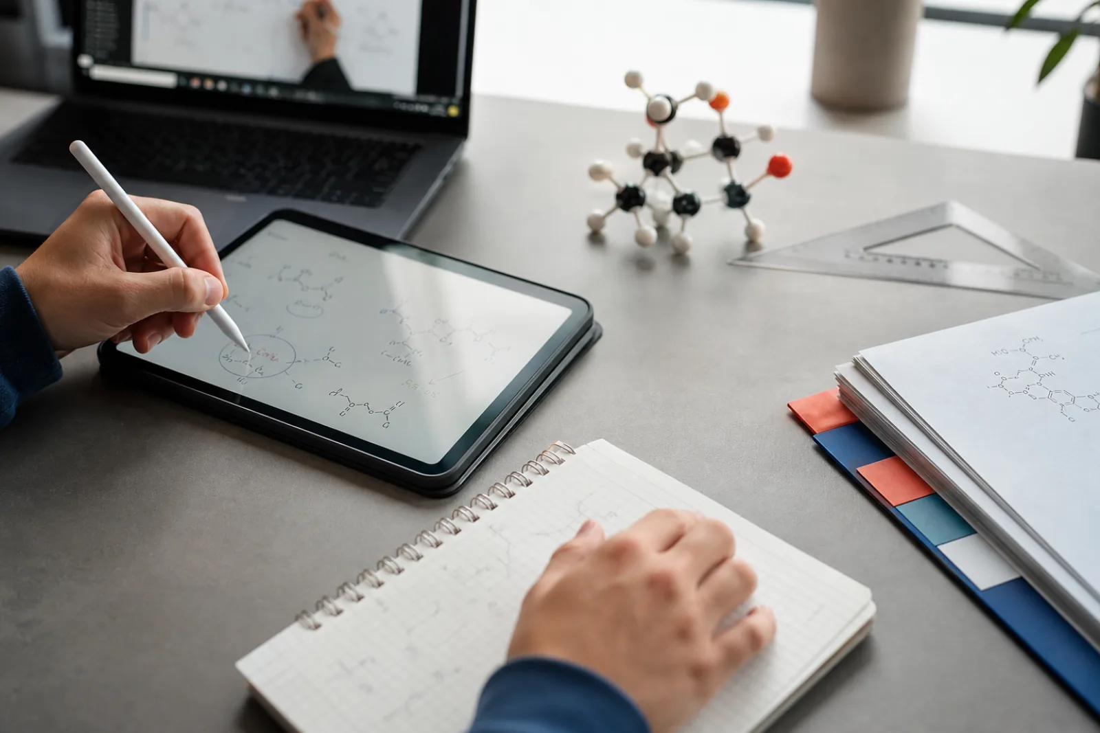Des mains annotant un exercice scientifique sur une tablette pendant un cours en ligne